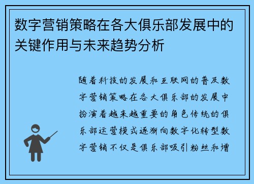 数字营销策略在各大俱乐部发展中的关键作用与未来趋势分析