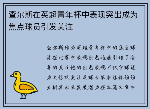 查尔斯在英超青年杯中表现突出成为焦点球员引发关注
